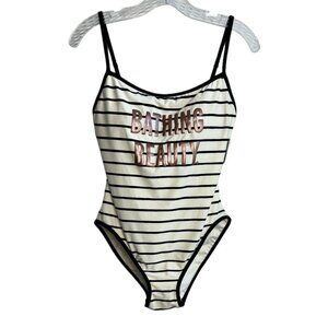 Kate Spade NY NWT $138 Bathing Beauty Graphic Striped 1-Piece Swimsuit Cream LG